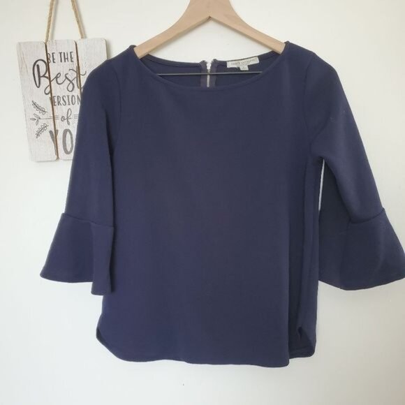 Anthropologie Green Envelope Women's Size M Blue Textured Back Zip Bell Sleeve - Picture 2 of 11